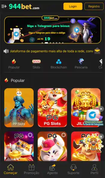 Interface do aplicativo 944BET destacando a área de apostas esportivas e cassino ao vivo.